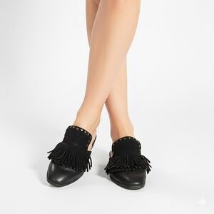 OTBT Black Fringe Leather Mules Loafer Slides 8.5M